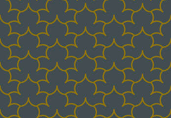 Ethnic style repeat pattern in curved gold outline on a gray background, geometric vector illustration