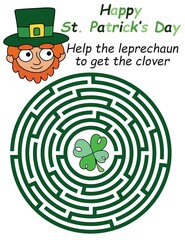 Happy St Patrick Day labyrinth for children vector illustration. Funny educational activity page with cartoon leprechaun and four-leaf clover printable page. Help the leprechaun to get the clover