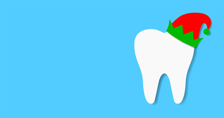 Tooth with hat for Christmas and new year banner design. Illustration on blue background.
