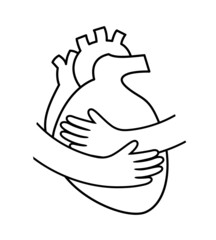 Hands embrace human heart. Outline style, icon design. Health care concept. World heart day. Vector illustration.