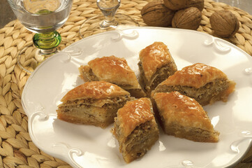 Pistachio baklava. Traditional Middle Eastern Flavors. The local name of Baklava is Fıstıklı Baklava. Close up
