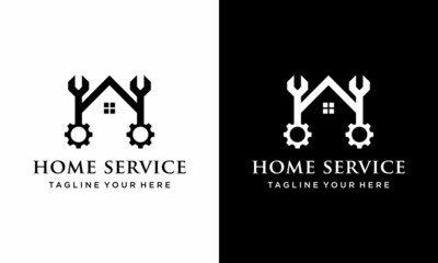 gear dan wrench and home icon for Home renovation, construction, repair and maintenance logo design concept vector. on a black and white background.