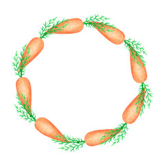 Wreath of carrots. Watercolor vintage illustration. Isolated on a white background.