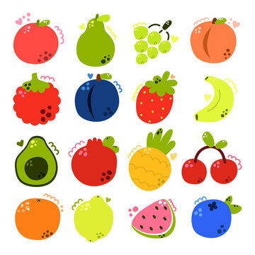 Hand drawn set of cuty fruits. Apple, pear, grape, peach, raspberry, strawberry, banana, pineapple, avocado. 