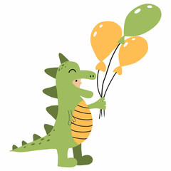  Vector illustration of child in dinosaur costume. Child in green dino costume with balls in hand.