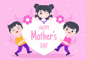 Happy Mother Day Flat Design Illustration. Mother Holding Baby or with Their Children Which is Commemorated on December 22 for Greeting Card and Poster