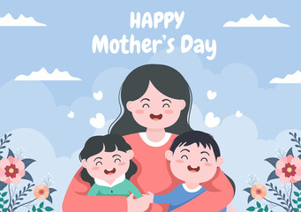 Fototapeta premium Happy Mother Day Flat Design Illustration. Mother Holding Baby or with Their Children Which is Commemorated on December 22 for Greeting Card and Poster