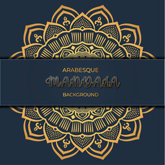 Arabic style luxury mandala background design in golden color with 3d text effect. This horizontal oriental mandala background with floral geometric pattern used elegant arabesque wedding anniversary