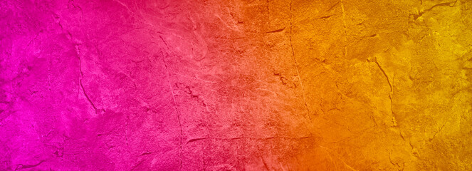 Yellow orange red magenta purple. Gradient. Abstract. Toned rough stone surface texture. Macro. Colorful background with copy space for design. Wide banner. Panoramic. Birthday, Valentine. - obrazy, fototapety, plakaty