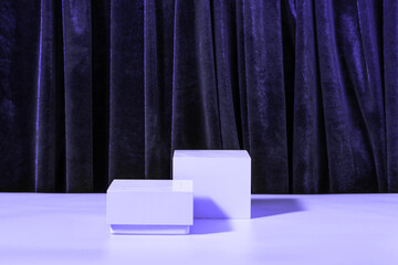 Modern abstract podium of figures, draped velvet curtain in trendy colors violet velvet. Template...