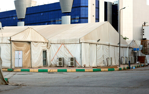 Tents Of A Field Hospital For Covid-19 Coronavirus Cases Isolation, Quarantine And Treatment, Selective Focus Of A Field Hospital For Coronavirus Pandemic Outbreak