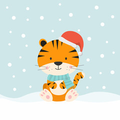 New year, year of the tiger. Cute New Year's tiger cub in the snow and in a scarf. Illustration for poster, banner, postcard or cover.