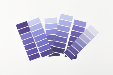 Color swatches with color of the year 2022 - Very Peri. Color trend palette. Top view, flat lay.