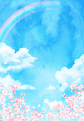 Fototapeta na wymiar 青空と桜と虹の水彩のベクターイラスト背景