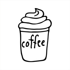 Vector illustration. A hand-drawn drawing of a cup with coffee and cream. And the inscription. Doodle style. Design of menus, signage, shop windows, greeting cards, posters, wallpapers