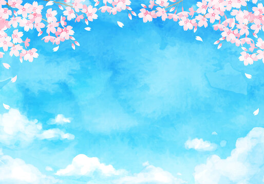 青空と雲と桜の水彩のベクターイラスト背景