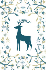 Ilustración. Reno con marco de hojas, copos de nieve, ramas, frutos y lazos. Dorado y azul. Navidad.