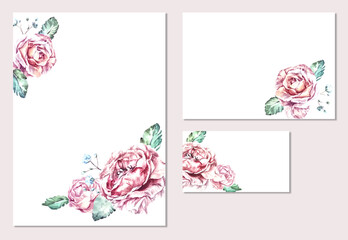 Templates for wedding invitations. Watercolor composition of roses, peonies and leaves