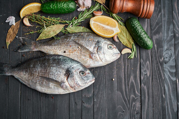 fresh fish ingredients wood board restaurant delicacy
