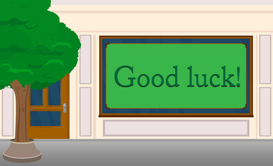 Good luck. Wishing success text with front door background. Store, Shop or market place front with poster.