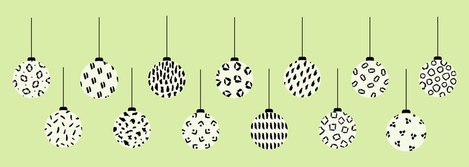 Set of graphic vector christmas balls. New year baubles with abstract ornaments. Christmas design elements for greeting, postcards, social media templates, icon, banner.Isolated elements on background