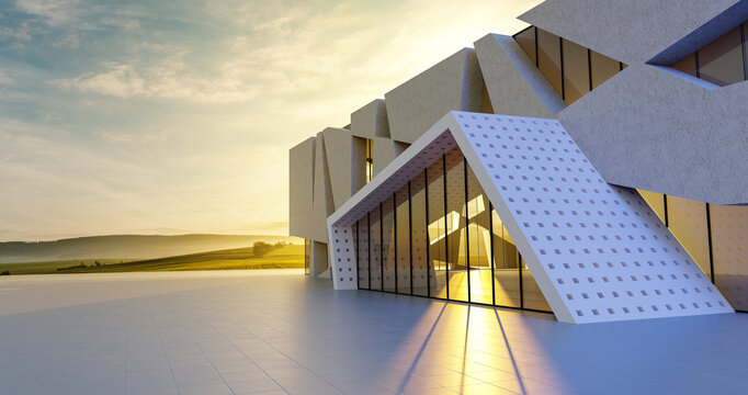 Perspective view of empty cement floor with concrete and glass modern building exterior. Morning scene. Photorealistic 3D rendering. Mixed media.