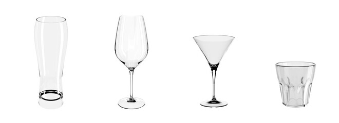 Empty Beer, Cocktail, Wine and Faceted Glasses. 3D Illustration. Isolated on White Background.