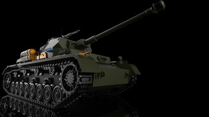 Metallic dark green military tank on black-white flash lighting background. Concept image of power strength, dynamic strategy and Strong system. 3D illustration. 3D high quality rendering. 3D CG.