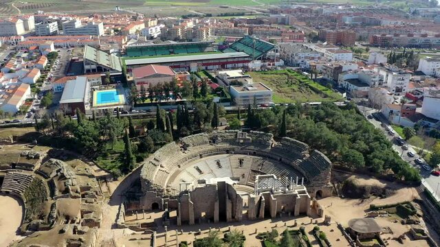 Orbital shot of roman amphitheatre historic landmark in Merida Spain, Europe