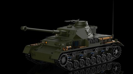 Metallic dark green military tank on black-white flash lighting background. Concept image of power strength, dynamic strategy and Strong system. 3D illustration. 3D high quality rendering. 3D CG.