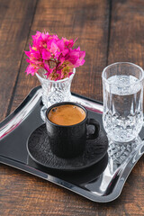 Top view of traditional Turkish Coffee on wooden background