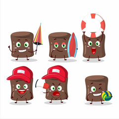 Happy Face chocolate marshmallow cartoon character playing on a beach