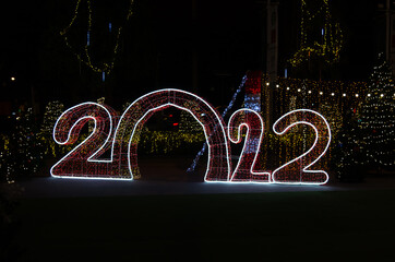 happy new year 2022 festive lights. copy space  background.