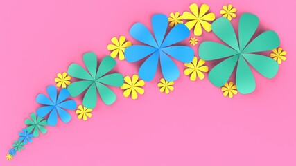 Pink background with green-blue-yellow paper flowers. Concept image of happy Invitation and reception sign. 3D CG. 3D high quality rendering. 3D illustration. High resolution.