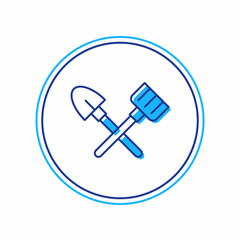 Filled outline Shovel and rake icon isolated on white background. Tool for horticulture, agriculture, gardening, farming. Ground cultivator. Vector