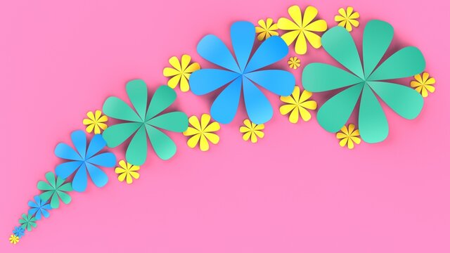 Pink background with green-blue-yellow paper flowers. Concept image of happy Invitation and reception sign. 3D CG. 3D high quality rendering. 3D illustration. High resolution.