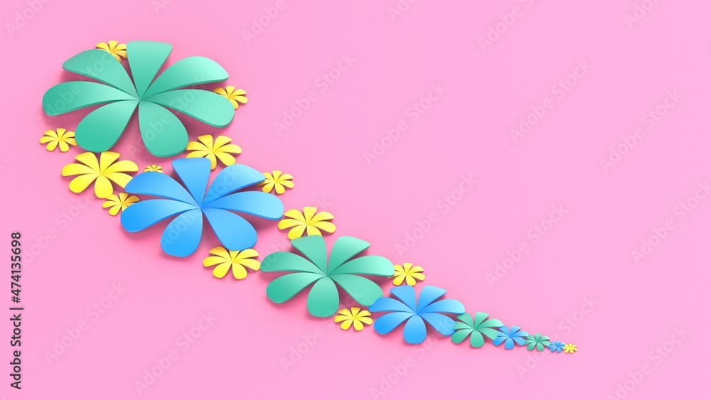 Fototapete pink background with green-blue-yellow paper flowers. concept image of happy invitation and receptio
