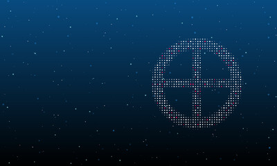 On the right is the astrological earth symbol filled with white dots. Background pattern from dots and circles of different shades. Vector illustration on blue background with stars