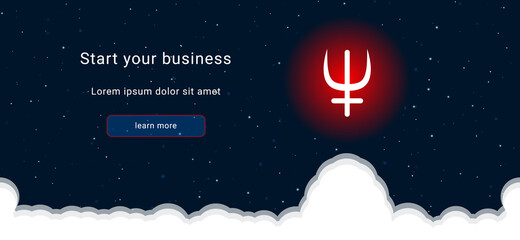 Business startup concept Landing page screen. The white astrological neptune symbol on the right. Vector illustration on dark blue background with stars and curly clouds from below