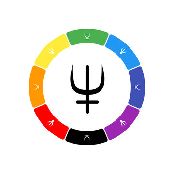 A large black astrological neptune symbol in the center, surrounded by white symbols on a colored background. Background of rainbow colors and black. Vector illustration on white background