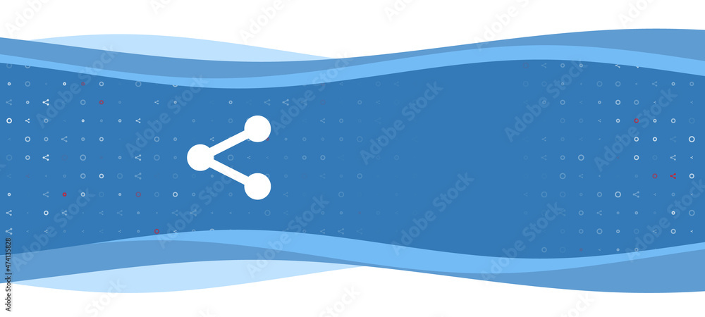 Poster blue wavy banner with a white share symbol on the left. on the background there are small white shap