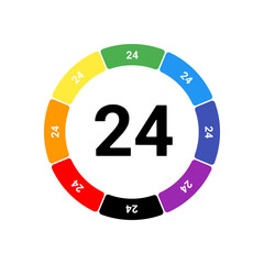 A large black around the clock symbol in the center, surrounded by eight white symbols on a colored background. Background of seven rainbow colors and black. Vector illustration on white background