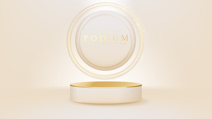 Cream color podium with golden curve line elements and glitter light effects, Luxury banner background design.