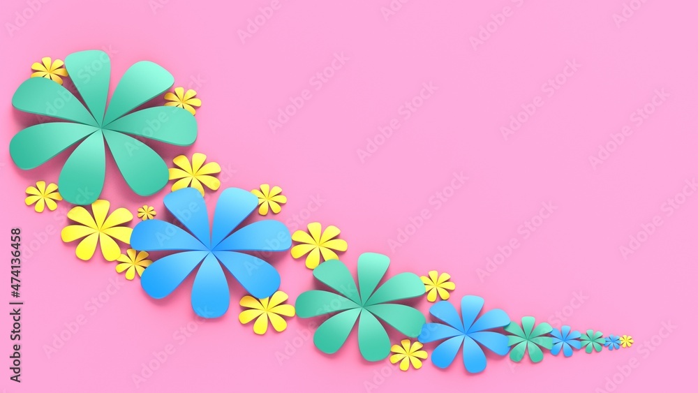 Fototapete pink background with green-blue-yellow paper flowers. concept image of happy invitation and receptio