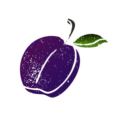 A sketch of a purple plum with leaves. Cartoon sketch, juicy fruit, delicious. Great for postcards, stickers, fabric and textile. White isolated background, vector illustration, print. - 474136610