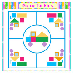 Educational logical game for kids. Find the right set of geometric shapes. Preschool worksheet activity. 