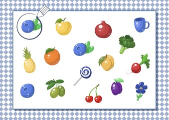 Circle blue color. Kindergarten worksheet to help children strengthen his visual discrimination skills. Different food