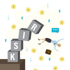 Risk management concept banner. Sad businesswoman falls from unbalanced pyramid of cubes with text - RISK. Financial management, disbalance of income and risks. Bankruptcy.