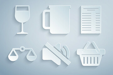 Set Speaker mute, Paper or financial check, Scales of justice, Shopping basket, Coffee cup and Wine glass icon. Vector