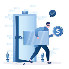Robber takes television and money out of apartment. Concept of crime and housebreaking
